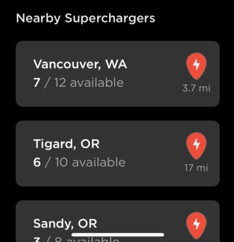 Tesla App - Nearby Superchargers