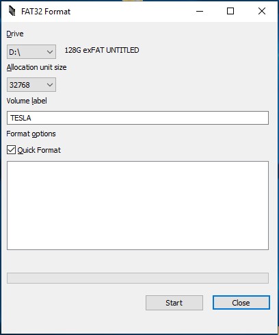 Tesla Dashcam USB Drive Format on Windows