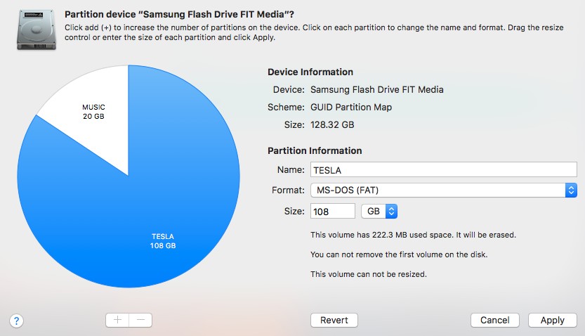 Tesla Dashcam USB Drive Partition for Music on MacOS