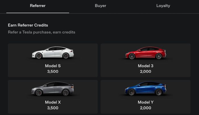Tesla Referral Program Loot Box Credits Model S, Model X, Model Y, Model 3